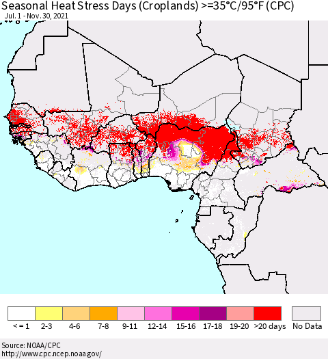 Western Africa Seasonal Heat Stress Days (Croplands) >=35°C/95°F (CPC) Thematic Map For 7/1/2021 - 11/30/2021