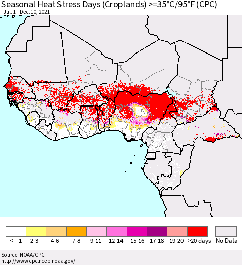 Western Africa Seasonal Heat Stress Days (Croplands) >=35°C/95°F (CPC) Thematic Map For 7/1/2021 - 12/10/2021