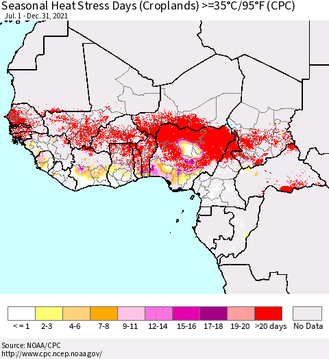 Western Africa Seasonal Heat Stress Days (Croplands) >=35°C/95°F (CPC) Thematic Map For 7/1/2021 - 12/31/2021