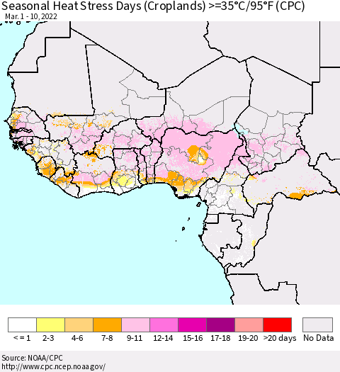 Western Africa Seasonal Heat Stress Days (Croplands) >=35°C/95°F (CPC) Thematic Map For 3/1/2022 - 3/10/2022