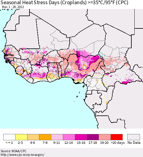 Western Africa Seasonal Heat Stress Days (Croplands) >=35°C/95°F (CPC) Thematic Map For 3/1/2022 - 3/20/2022