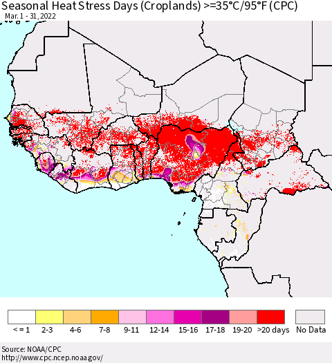 Western Africa Seasonal Heat Stress Days (Croplands) >=35°C/95°F (CPC) Thematic Map For 3/1/2022 - 3/31/2022