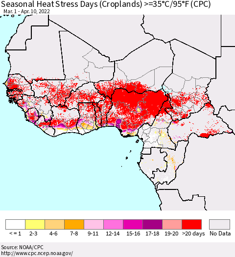 Western Africa Seasonal Heat Stress Days (Croplands) >=35°C/95°F (CPC) Thematic Map For 3/1/2022 - 4/10/2022