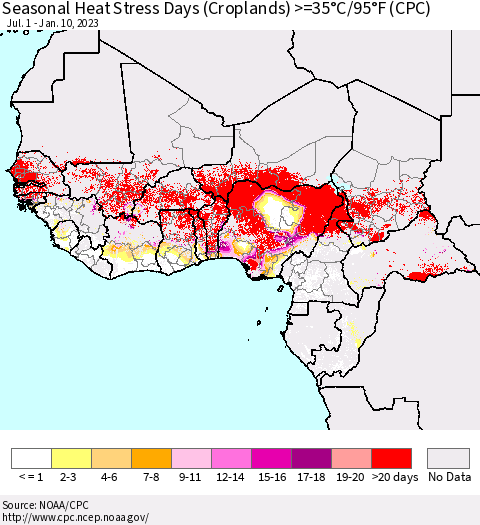 Western Africa Seasonal Heat Stress Days (Croplands) >=35°C/95°F (CPC) Thematic Map For 7/1/2022 - 1/10/2023