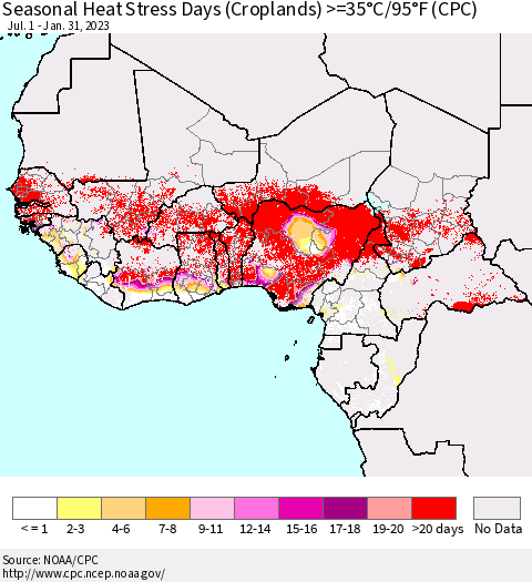 Western Africa Seasonal Heat Stress Days (Croplands) >=35°C/95°F (CPC) Thematic Map For 7/1/2022 - 1/31/2023
