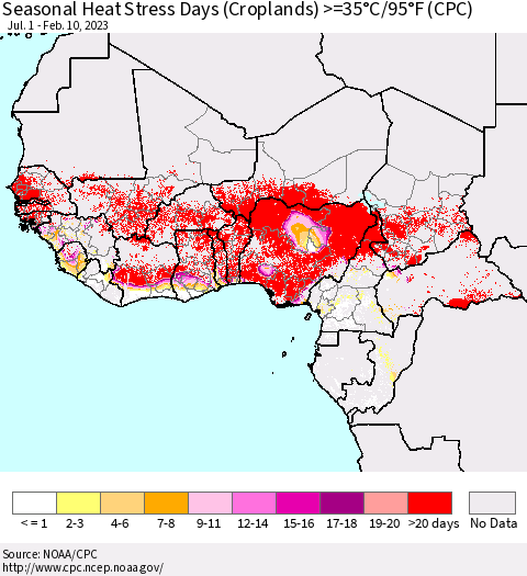 Western Africa Seasonal Heat Stress Days (Croplands) >=35°C/95°F (CPC) Thematic Map For 7/1/2022 - 2/10/2023