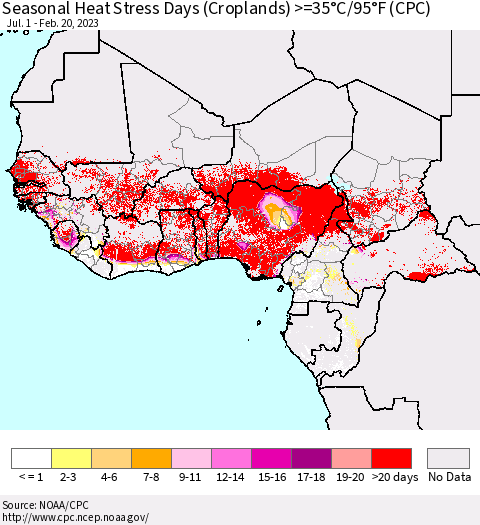 Western Africa Seasonal Heat Stress Days (Croplands) >=35°C/95°F (CPC) Thematic Map For 7/1/2022 - 2/20/2023