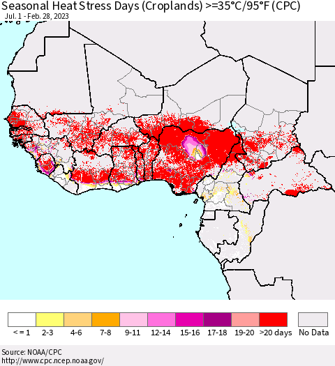 Western Africa Seasonal Heat Stress Days (Croplands) >=35°C/95°F (CPC) Thematic Map For 7/1/2022 - 2/28/2023