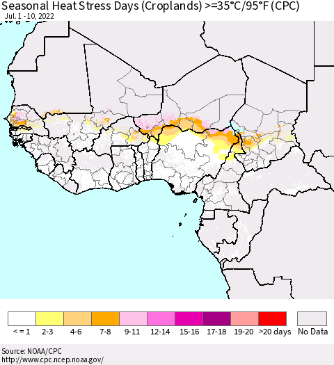 Western Africa Seasonal Heat Stress Days (Croplands) >=35°C/95°F (CPC) Thematic Map For 7/1/2022 - 7/10/2022