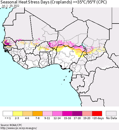 Western Africa Seasonal Heat Stress Days (Croplands) >=35°C/95°F (CPC) Thematic Map For 7/1/2022 - 7/20/2022