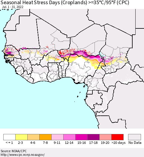 Western Africa Seasonal Heat Stress Days (Croplands) >=35°C/95°F (CPC) Thematic Map For 7/1/2022 - 7/31/2022