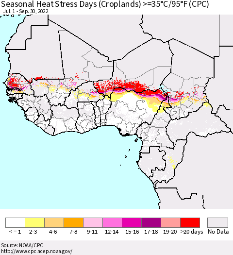 Western Africa Seasonal Heat Stress Days (Croplands) >=35°C/95°F (CPC) Thematic Map For 7/1/2022 - 9/30/2022