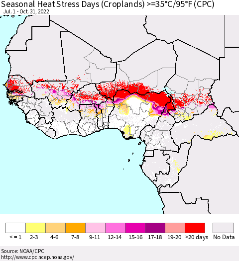 Western Africa Seasonal Heat Stress Days (Croplands) >=35°C/95°F (CPC) Thematic Map For 7/1/2022 - 10/31/2022