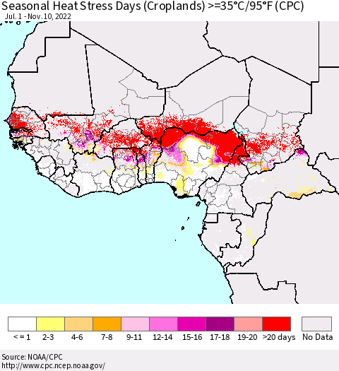 Western Africa Seasonal Heat Stress Days (Croplands) >=35°C/95°F (CPC) Thematic Map For 7/1/2022 - 11/10/2022