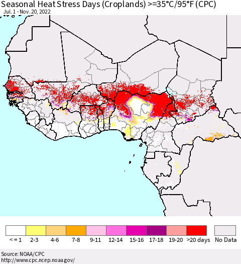 Western Africa Seasonal Heat Stress Days (Croplands) >=35°C/95°F (CPC) Thematic Map For 7/1/2022 - 11/20/2022