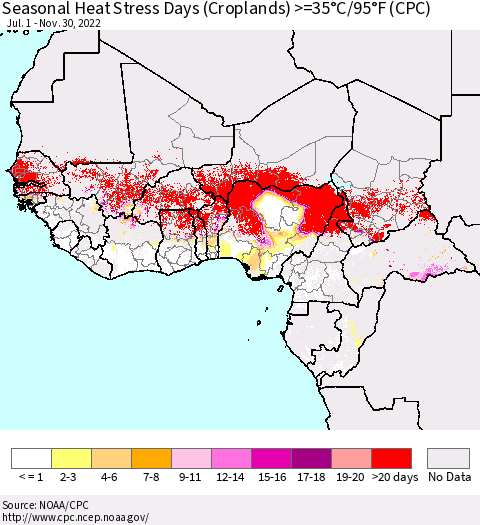 Western Africa Seasonal Heat Stress Days (Croplands) >=35°C/95°F (CPC) Thematic Map For 7/1/2022 - 11/30/2022