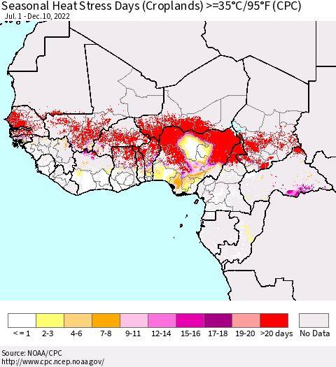 Western Africa Seasonal Heat Stress Days (Croplands) >=35°C/95°F (CPC) Thematic Map For 7/1/2022 - 12/10/2022
