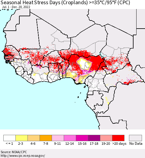 Western Africa Seasonal Heat Stress Days (Croplands) >=35°C/95°F (CPC) Thematic Map For 7/1/2022 - 12/20/2022