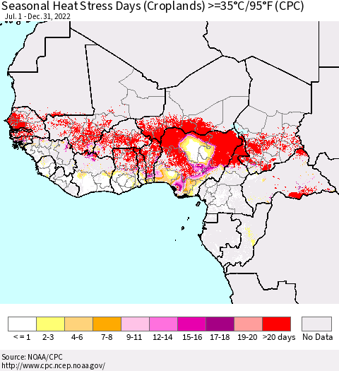 Western Africa Seasonal Heat Stress Days (Croplands) >=35°C/95°F (CPC) Thematic Map For 7/1/2022 - 12/31/2022