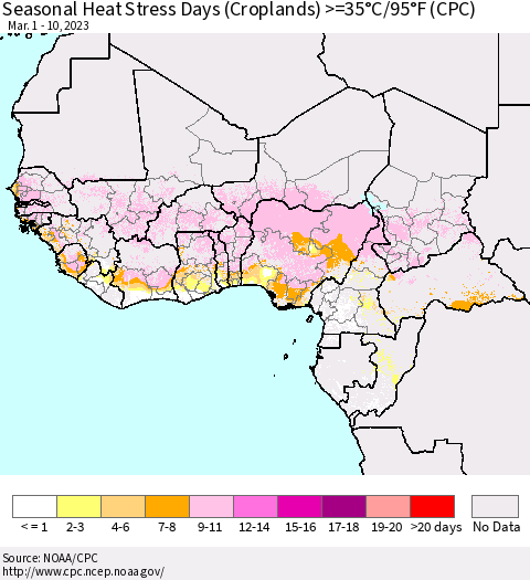 Western Africa Seasonal Heat Stress Days (Croplands) >=35°C/95°F (CPC) Thematic Map For 3/1/2023 - 3/10/2023