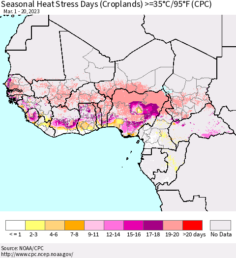 Western Africa Seasonal Heat Stress Days (Croplands) >=35°C/95°F (CPC) Thematic Map For 3/1/2023 - 3/20/2023