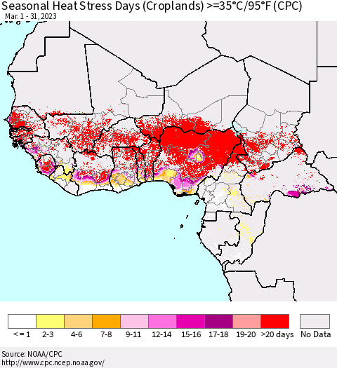Western Africa Seasonal Heat Stress Days (Croplands) >=35°C/95°F (CPC) Thematic Map For 3/1/2023 - 3/31/2023