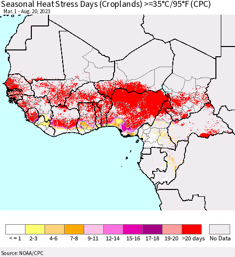 Western Africa Seasonal Heat Stress Days (Croplands) >=35°C/95°F (CPC) Thematic Map For 3/1/2023 - 8/20/2023