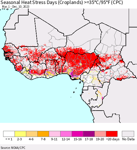 Western Africa Seasonal Heat Stress Days (Croplands) >=35°C/95°F (CPC) Thematic Map For 3/1/2023 - 12/10/2023