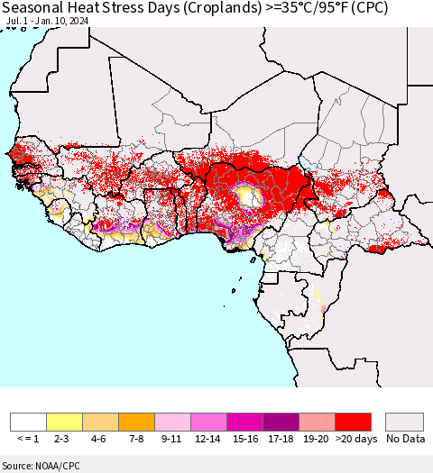 Western Africa Seasonal Heat Stress Days (Croplands) >=35°C/95°F (CPC) Thematic Map For 7/1/2023 - 1/10/2024