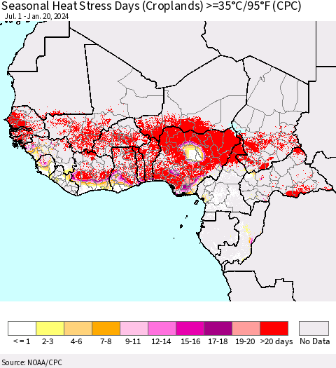 Western Africa Seasonal Heat Stress Days (Croplands) >=35°C/95°F (CPC) Thematic Map For 7/1/2023 - 1/20/2024