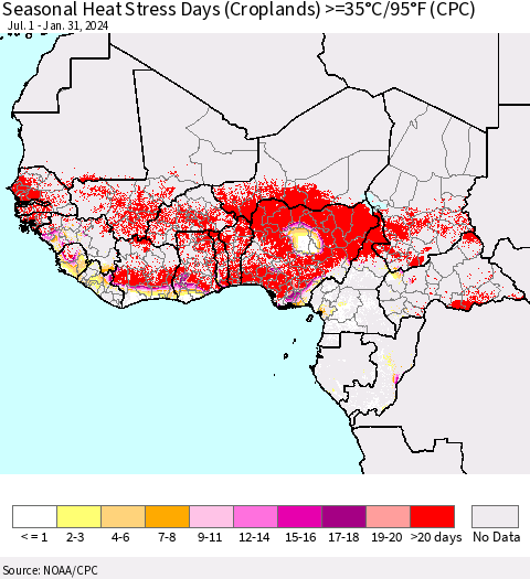 Western Africa Seasonal Heat Stress Days (Croplands) >=35°C/95°F (CPC) Thematic Map For 7/1/2023 - 1/31/2024
