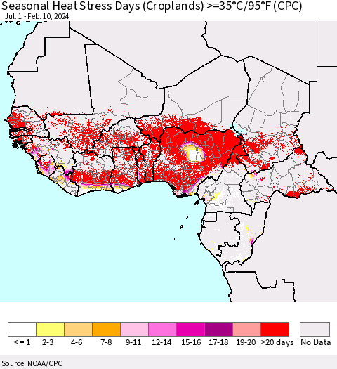 Western Africa Seasonal Heat Stress Days (Croplands) >=35°C/95°F (CPC) Thematic Map For 7/1/2023 - 2/10/2024