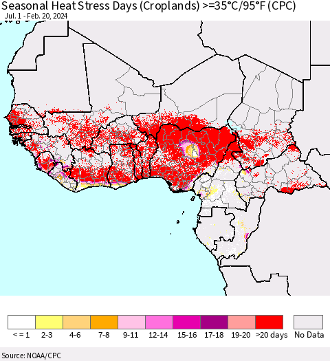 Western Africa Seasonal Heat Stress Days (Croplands) >=35°C/95°F (CPC) Thematic Map For 7/1/2023 - 2/20/2024