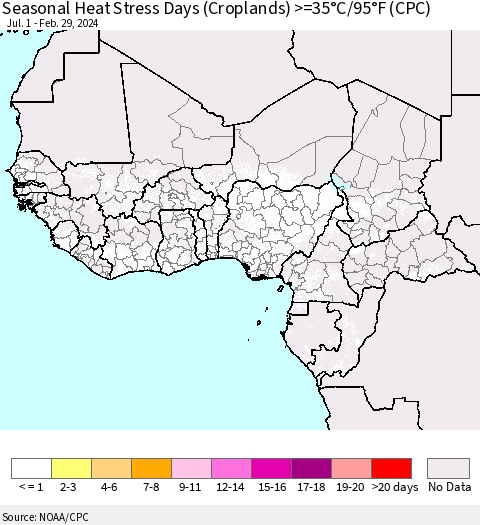 Western Africa Seasonal Heat Stress Days (Croplands) >=35°C/95°F (CPC) Thematic Map For 7/1/2023 - 2/29/2024