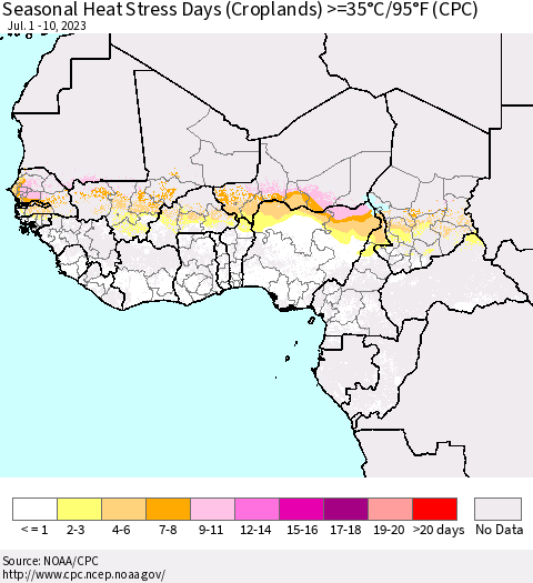 Western Africa Seasonal Heat Stress Days (Croplands) >=35°C/95°F (CPC) Thematic Map For 7/1/2023 - 7/10/2023