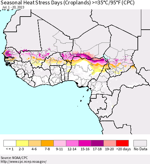 Western Africa Seasonal Heat Stress Days (Croplands) >=35°C/95°F (CPC) Thematic Map For 7/1/2023 - 7/20/2023