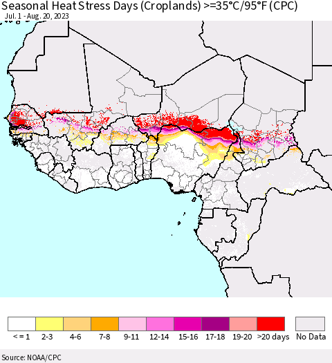 Western Africa Seasonal Heat Stress Days (Croplands) >=35°C/95°F (CPC) Thematic Map For 7/1/2023 - 8/20/2023