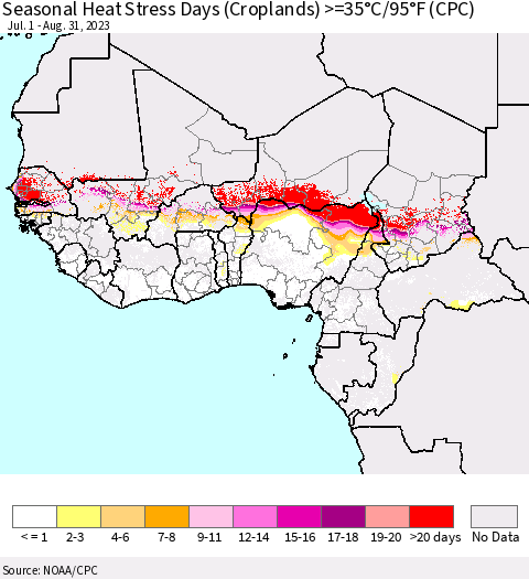 Western Africa Seasonal Heat Stress Days (Croplands) >=35°C/95°F (CPC) Thematic Map For 7/1/2023 - 8/31/2023