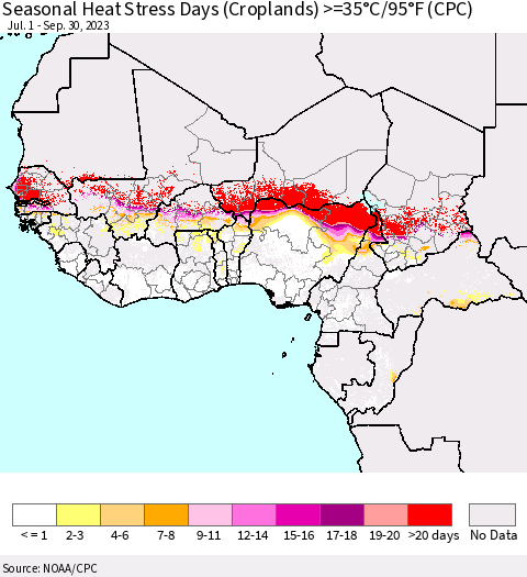 Western Africa Seasonal Heat Stress Days (Croplands) >=35°C/95°F (CPC) Thematic Map For 7/1/2023 - 9/30/2023