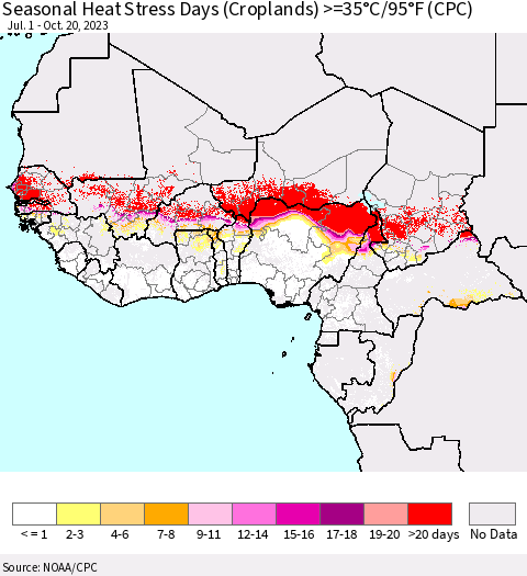 Western Africa Seasonal Heat Stress Days (Croplands) >=35°C/95°F (CPC) Thematic Map For 7/1/2023 - 10/20/2023