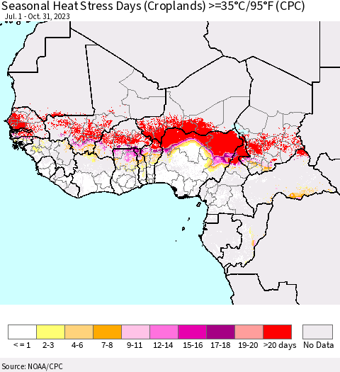 Western Africa Seasonal Heat Stress Days (Croplands) >=35°C/95°F (CPC) Thematic Map For 7/1/2023 - 10/31/2023