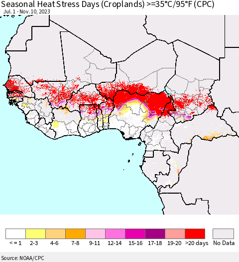 Western Africa Seasonal Heat Stress Days (Croplands) >=35°C/95°F (CPC) Thematic Map For 7/1/2023 - 11/10/2023