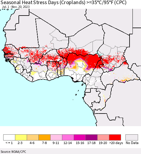 Western Africa Seasonal Heat Stress Days (Croplands) >=35°C/95°F (CPC) Thematic Map For 7/1/2023 - 11/20/2023
