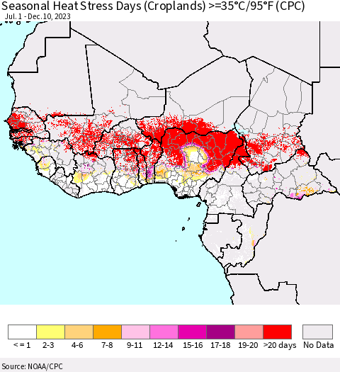 Western Africa Seasonal Heat Stress Days (Croplands) >=35°C/95°F (CPC) Thematic Map For 7/1/2023 - 12/10/2023