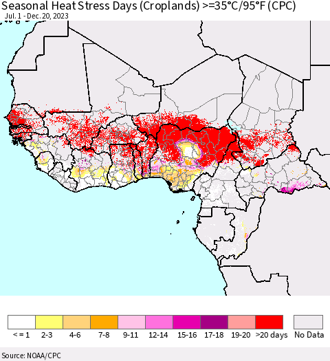 Western Africa Seasonal Heat Stress Days (Croplands) >=35°C/95°F (CPC) Thematic Map For 7/1/2023 - 12/20/2023