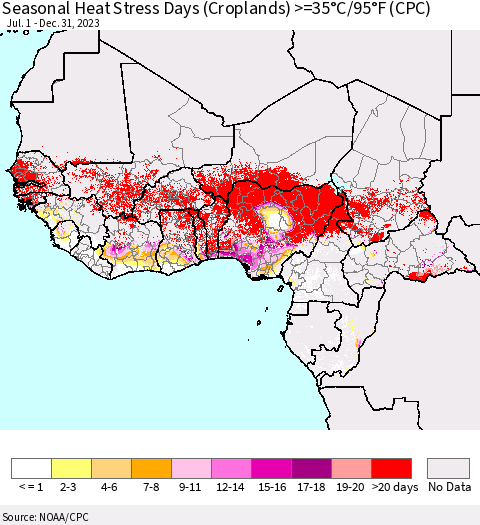 Western Africa Seasonal Heat Stress Days (Croplands) >=35°C/95°F (CPC) Thematic Map For 7/1/2023 - 12/31/2023
