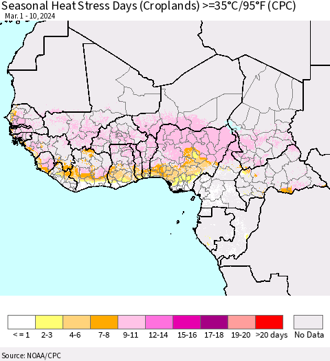 Western Africa Seasonal Heat Stress Days (Croplands) >=35°C/95°F (CPC) Thematic Map For 3/1/2024 - 3/10/2024
