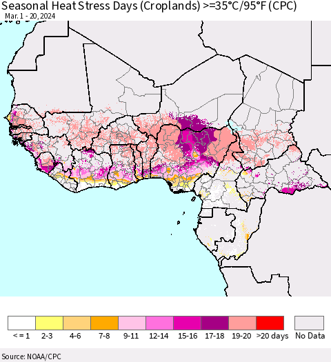 Western Africa Seasonal Heat Stress Days (Croplands) >=35°C/95°F (CPC) Thematic Map For 3/1/2024 - 3/20/2024