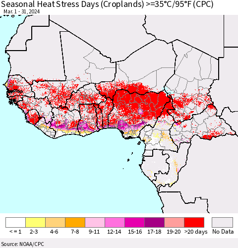 Western Africa Seasonal Heat Stress Days (Croplands) >=35°C/95°F (CPC) Thematic Map For 3/1/2024 - 3/31/2024
