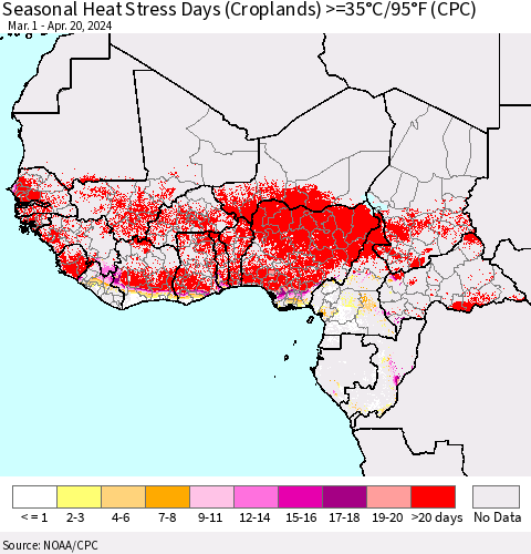 Western Africa Seasonal Heat Stress Days (Croplands) >=35°C/95°F (CPC) Thematic Map For 3/1/2024 - 4/20/2024